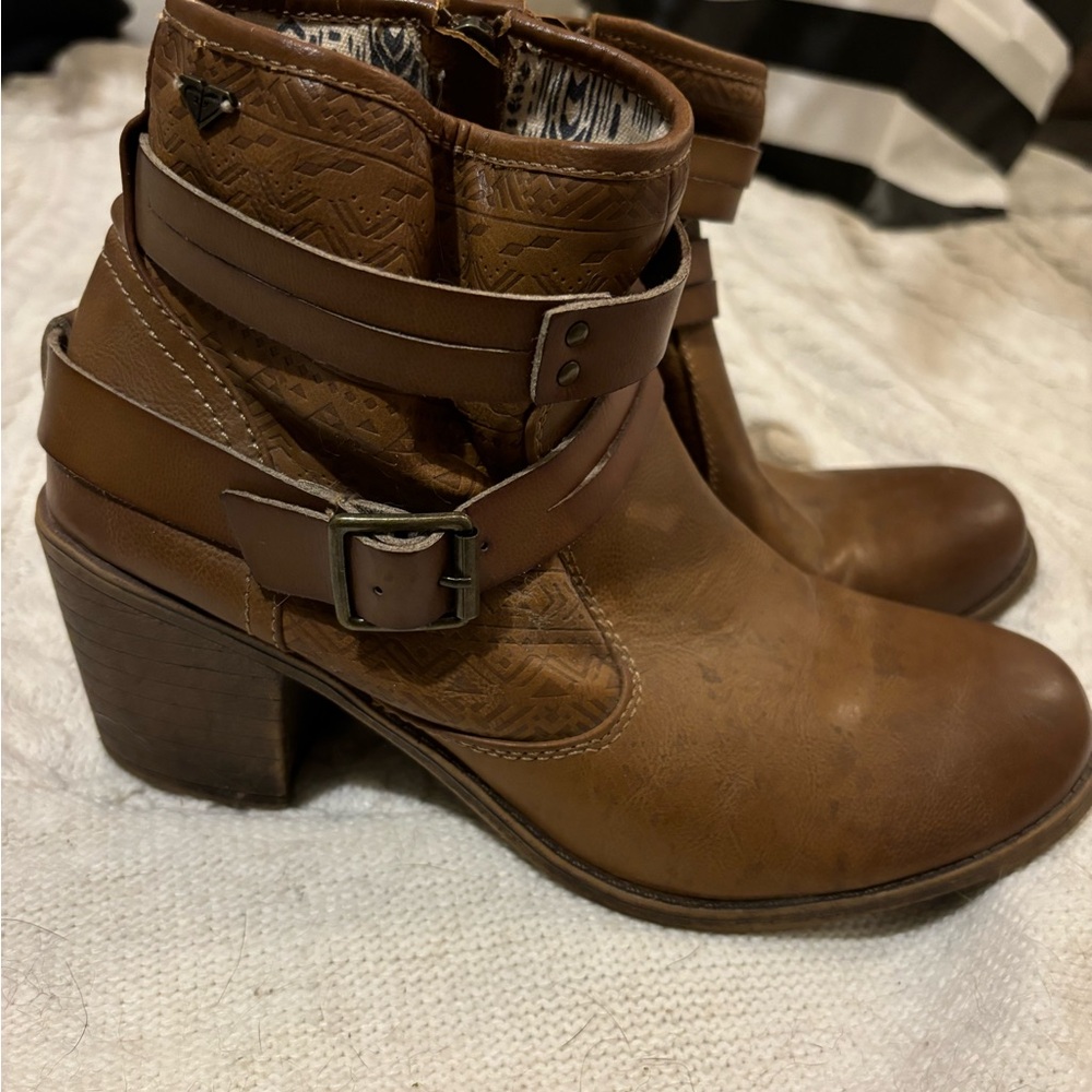 Roxy Brown Ankle Boots with Trendy Strap Detail 3” heel